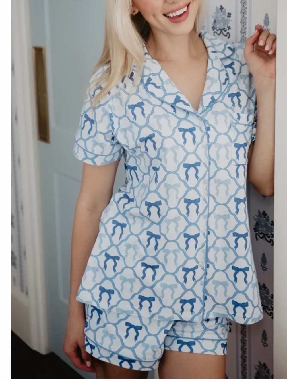 Katydid Blue & White Short-Sleeve Button Front Top